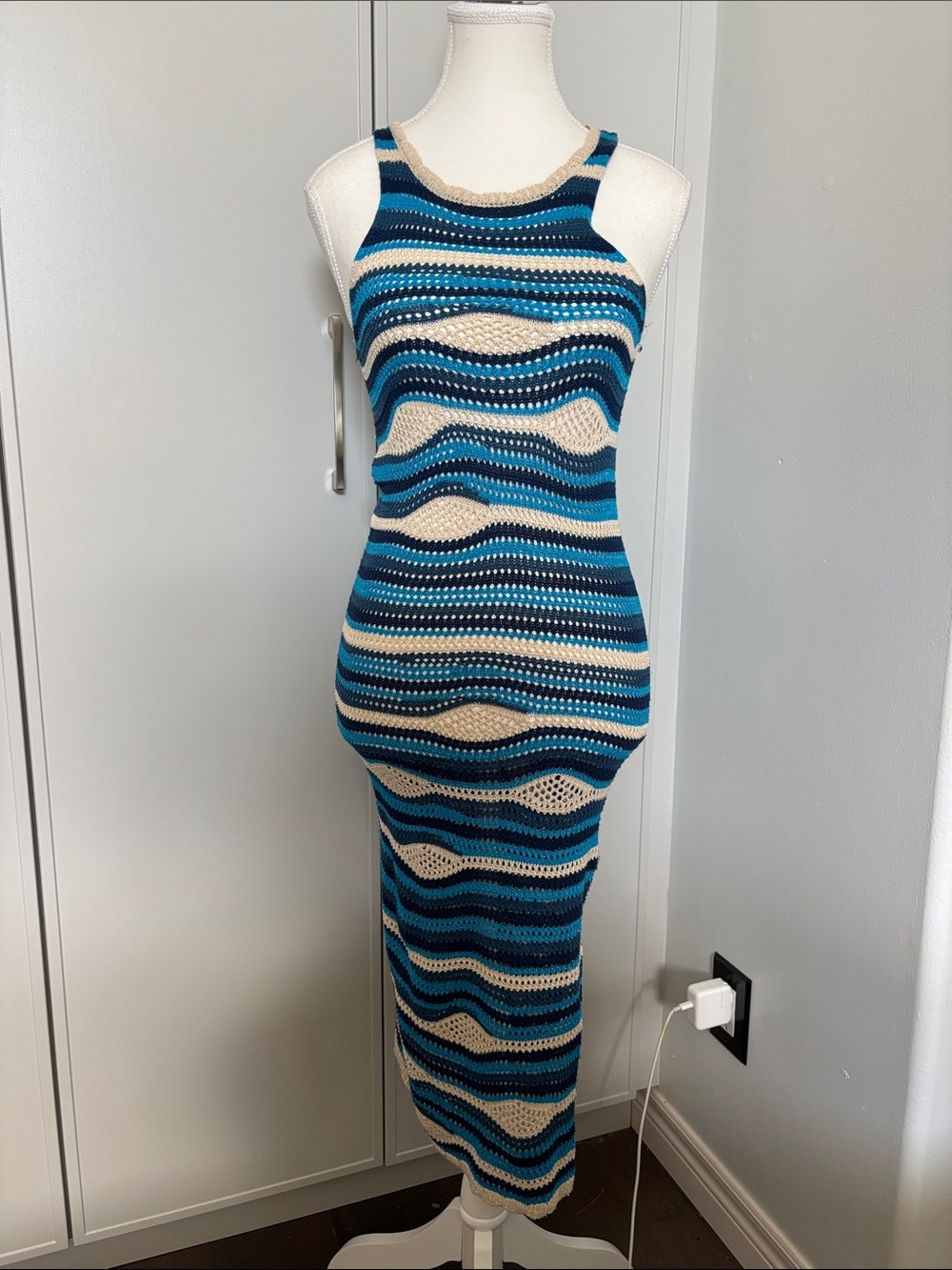 House of Harlow 1960 Striped Blue & Cream Crochet Midi Dress